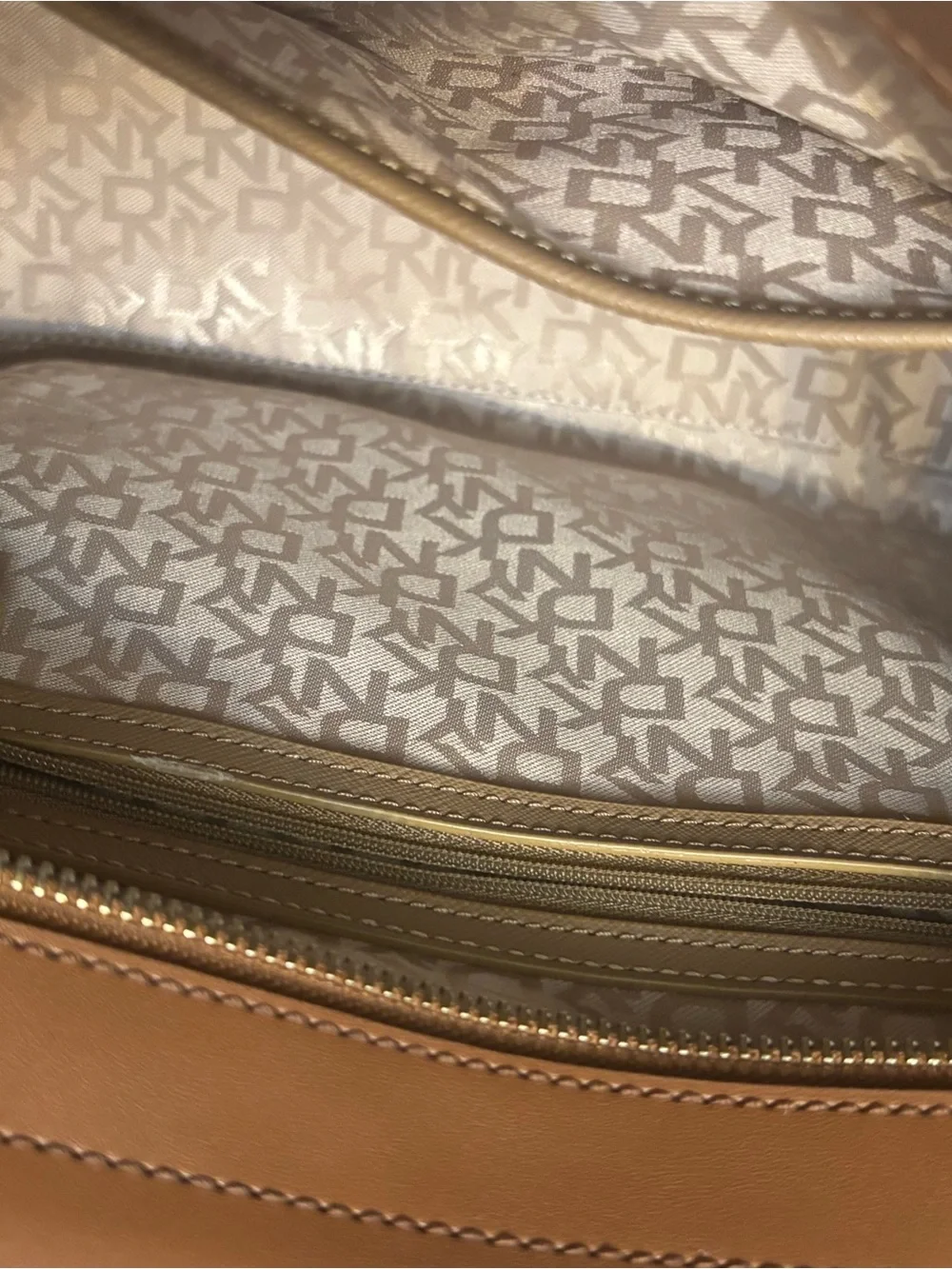 DKNY Beige Logo Satchel with Brown Trim and Gold Hardware